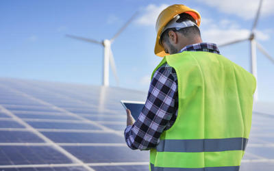 Person working at a wind farm wearing hi vis jacket