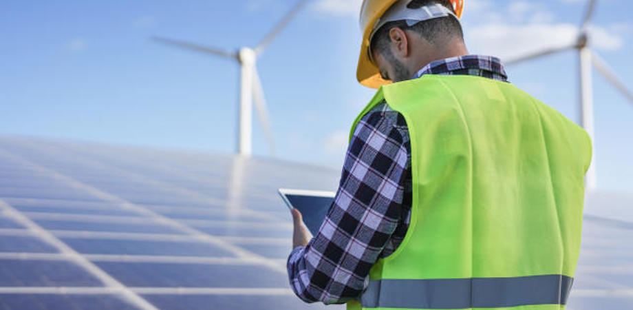 Person working at a wind farm wearing hi vis jacket